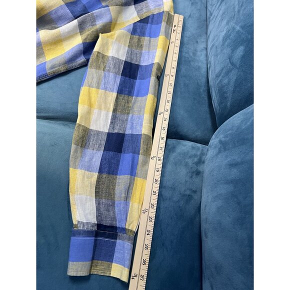 Inserch 100% Linen Plaid Shirt Blue Yellow Long Sleeve Button UP MEN XL - Picture 6 of 8